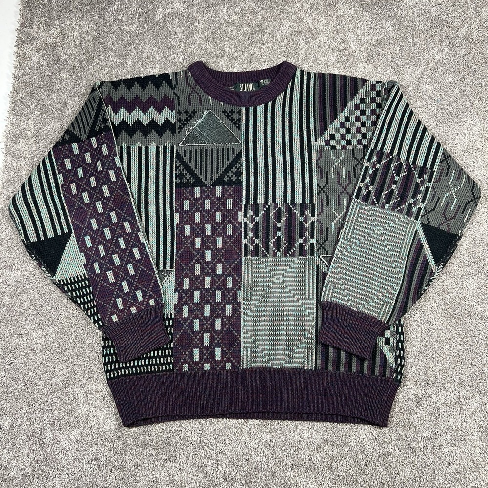 Vintage 80s Abstract Geometric Sweater Purple Gray Knit 90s Grandpa Stefano Sz M